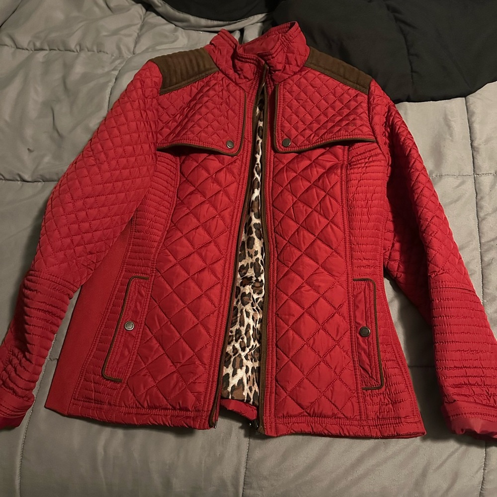 Vibrant Red Quilted Puffer Jacket with Animal Print Lining
